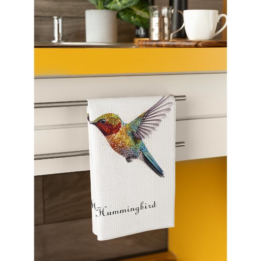 カラフル飛んでいるHummingbird pointillisisも キッチンタオル