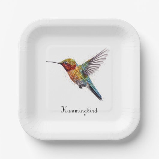カラフル飛んでいるHummingbird pointillisisも ペーパープレート (正面)