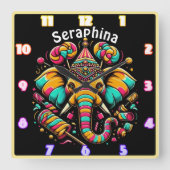 カラフル飾り付きの象 スクエア壁時計 (正面)