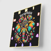 カラフル飾り付きの象 スクエア壁時計 (傾斜)