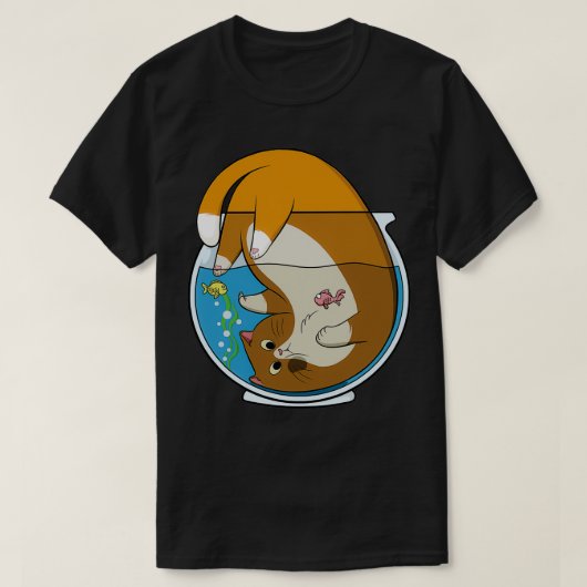 カラフル魚と水族館の茶色の大きな猫 Tシャツ (デザイン正面)