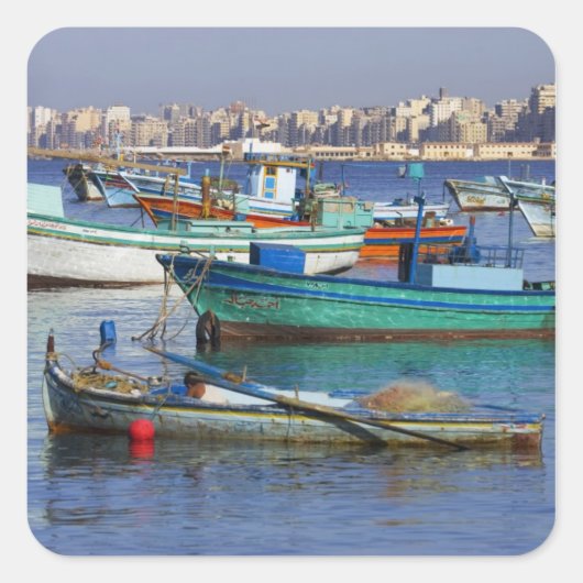 カラフル魚釣り船 スクエアシール (正面)