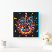 カラフル鮮やかメロディで渦を巻くギター スクエア壁時計 (ホーム)