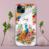 カラフル鮮やか孔雀と花カスタム iPhoneケース