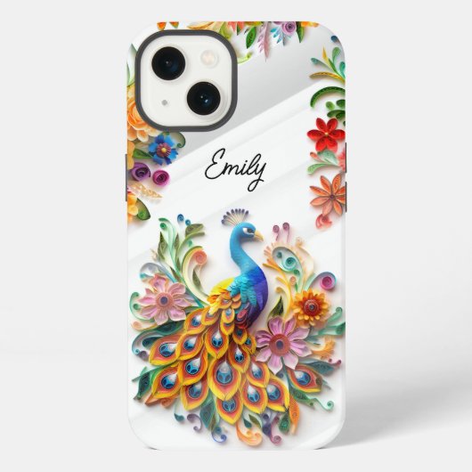 カラフル鮮やか孔雀と花カスタム iPhoneケース (裏面)
