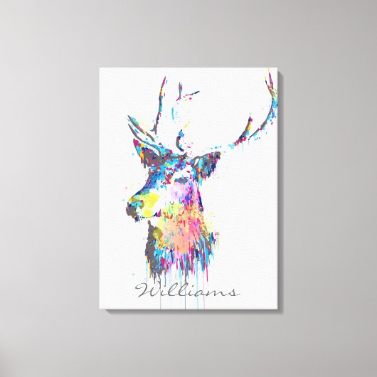 カラフル鮮やか水彩色（ばちゃばちゃ）跳ねる鹿の頭 キャンバスプリント (正面)