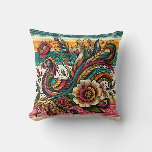 カラフル鮮やか渦巻きの鳥と花のデザイン クッション (正面)