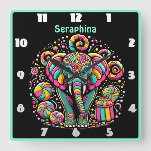 カラフル鮮やか菓子に囲まれた象 スクエア壁時計 (正面)