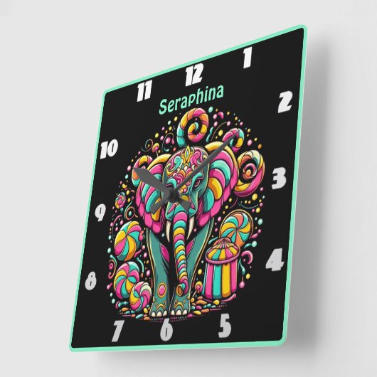 カラフル鮮やか菓子に囲まれた象 スクエア壁時計 (傾斜)