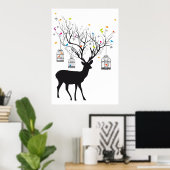 カラフル鳥類と鳥類を持つシカ ポスター (ホームオフィス)