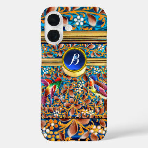 カラフル鳥、フローラ渦巻き青い宝石モノグラム iPhone 16ケース