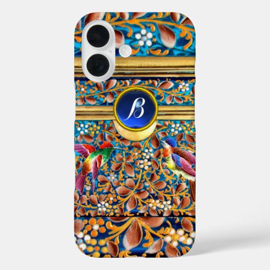 カラフル鳥、フローラ渦巻き青い宝石モノグラム Case-Mate iPhoneケース (裏面)
