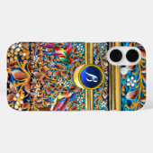 カラフル鳥、フローラ渦巻き青い宝石モノグラム Case-Mate iPhoneケース (裏面 (横))