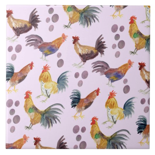 カラフル鶏と卵のパターン水色パープル タイル (正面)