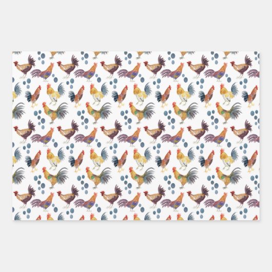 カラフル鶏と卵の水彩模様ギフト ラッピングペーパーシート (正面2)
