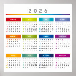 カラフル2026年カレンダー - レインボーカラー 3列 ポスター