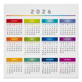 カラフル2026年カレンダー - レインボーカラー 3列 ポスター