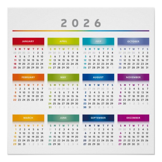カラフル2026年カレンダー - レインボーカラー 3列 ポスター (正面)