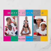 カラフル3ストライプの枚フォトコラージュメリークリスマス 箔シーズンカード (正面)