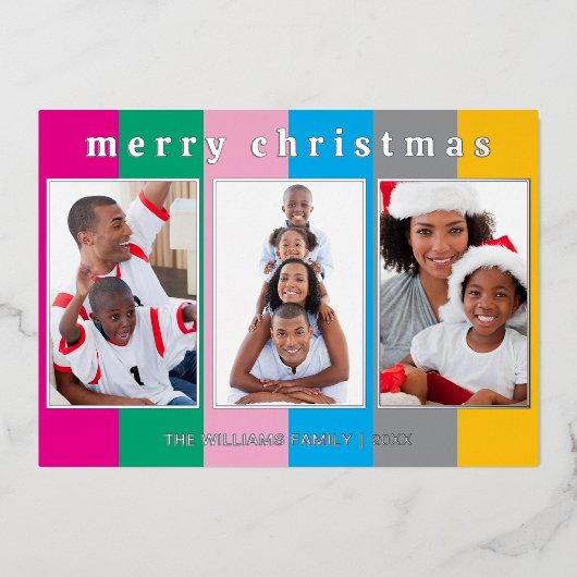 カラフル3ストライプの枚フォトコラージュメリークリスマス 箔シーズンカード (正面)