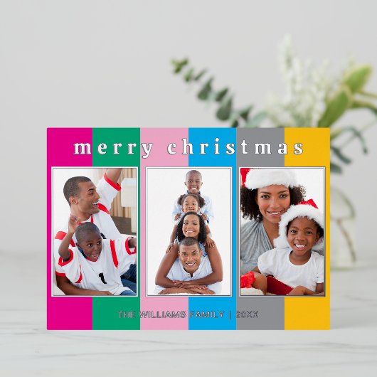 カラフル3ストライプの枚フォトコラージュメリークリスマス 箔シーズンカード (立ち正面)