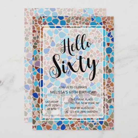 カラフル&おもしろいモザイクこんにちは60誕生日 招待状 (正面/裏面)