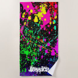 カラフル（ばちゃばちゃ）跳ねる絵を描名前をカスタムする ビーチタオル