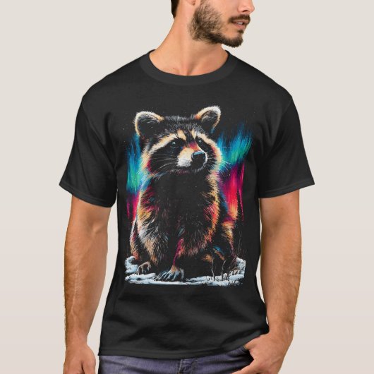 カラフル アライグマ オーロラ 冬の季節 Tシャツ (正面)