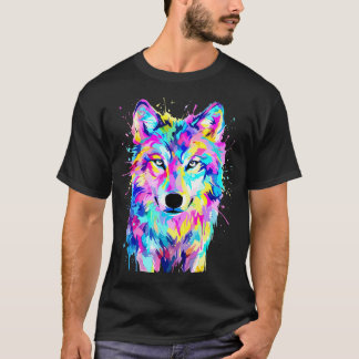 カラフル・ウルフ・スプラッシュアート野生生物 Tシャツ