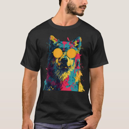 カラフル オオカミ サングラス 動物 野生生物 Tシャツ (正面)