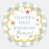 カラフル グリーン ギンガム 1歳の誕生日 ありがとう ラウンドシール (正面)