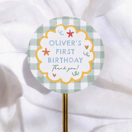 カラフル グリーン ギンガム 1歳の誕生日 ありがとう ラウンドシール