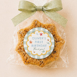 カラフル グリーン ギンガム 1歳の誕生日 ありがとう ラウンドシール