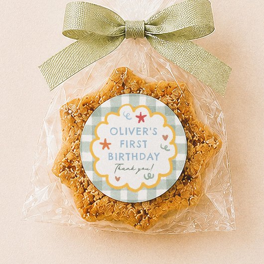 カラフル グリーン ギンガム 1歳の誕生日 ありがとう ラウンドシール