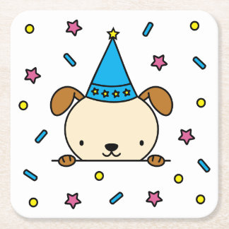 カラフル+コンフェティ+バースデーパーティー+犬+イラスト スクエアペーパーコースター