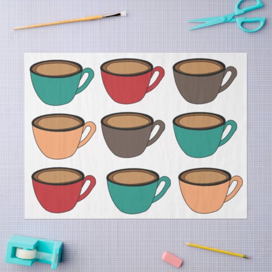カラフル コーヒー カップ パターン 薄葉紙 (クラフト)