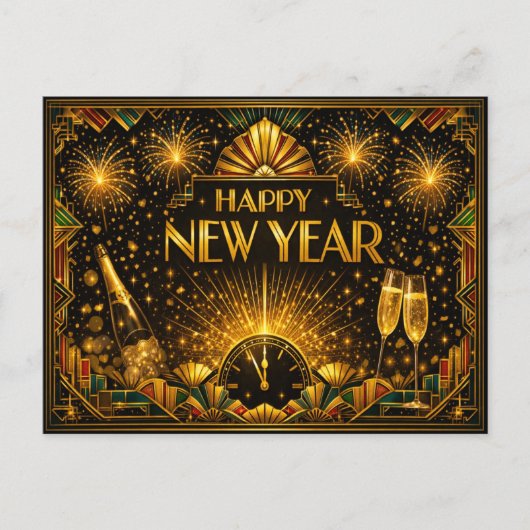 カラフル ゴールド アールデコ おめでとう新年 シーズンポストカード (正面)