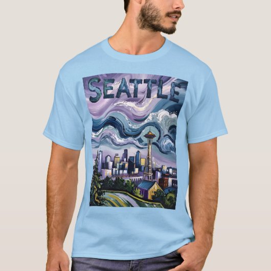 カラフル シアトルスカイライン ゴッホ絵画 旅行 Tシャツ (正面)