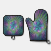 カラフル シャイニー ファンタジー フラワー アブストラクト フラクタル アート 鍋つかみ&鍋敷きセット (正面)