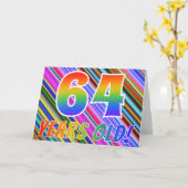 カラフル ストライプ + レインボー パターン "64歳！" カード (黄色い花)
