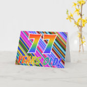 カラフル ストライプ + レインボー パターン "77歳!" カード (黄色い花)