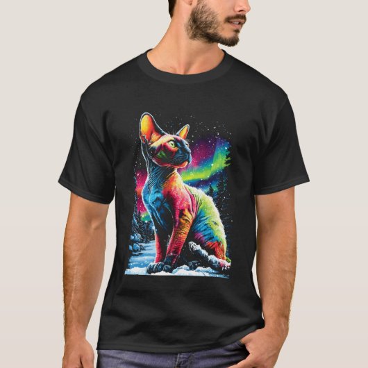 カラフル スフィンクス猫 オーロラ 冬の森 Tシャツ (正面)