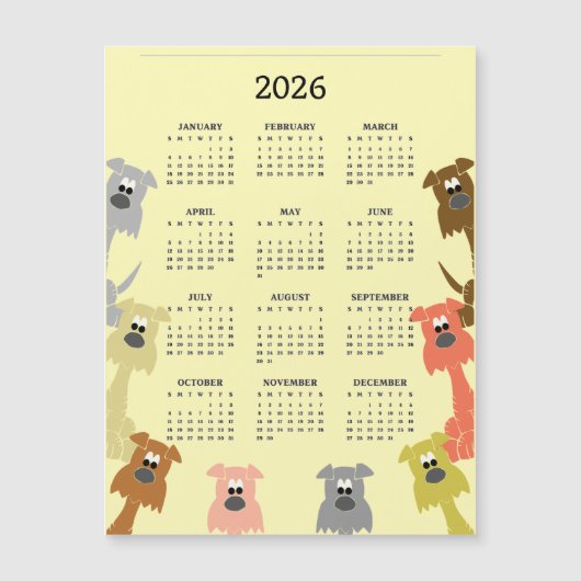 カラフル・ドッグス 2026年 カレンダー マグネット カード (正面)