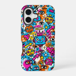 カラフル ネオン ロボット パターン iPhone 16 ケース