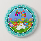 カラフル ハッピーイースター - かわいいウサギと卵 缶バッジ (正面)