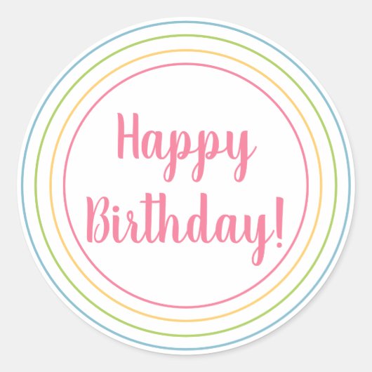 カラフル ハッピー バースデー パステル ピンク タイポグラフィ ラウンドシール (正面)