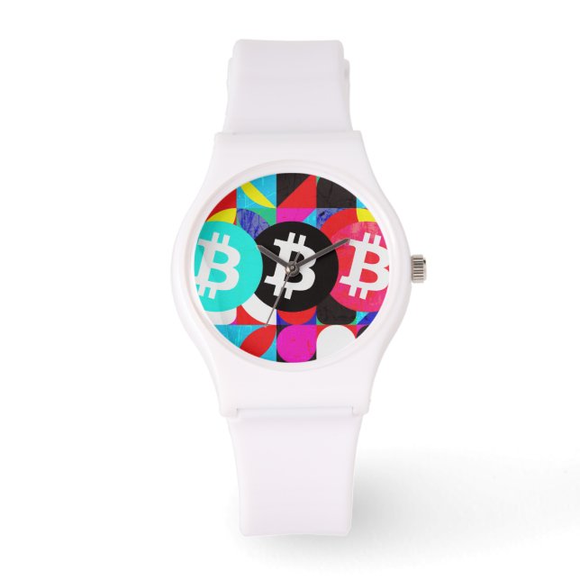 カラフル ビットコイン パターン 腕時計 (正面)