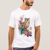 カラフル フラワー フクロウ Tシャツ (正面)