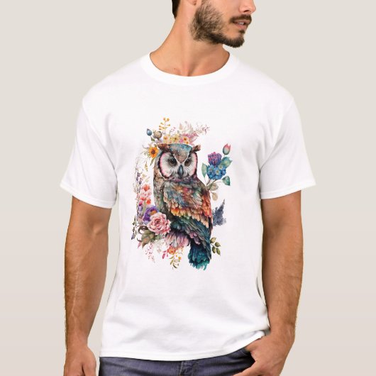 カラフル フラワー フクロウ Tシャツ (正面)