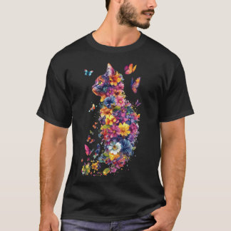 カラフル フラワー 猫 - 水彩画の蝶々アート Tシャツ